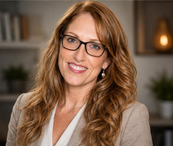 Jennifer Dymond, a CPA with long auburn hair and dark glasses, smiling in a light blazer.