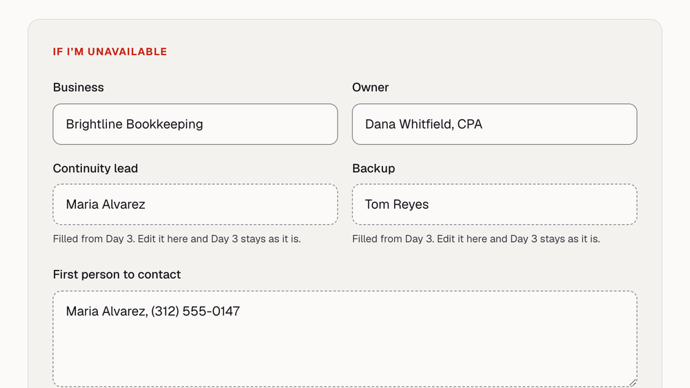 The Day 15 handoff sheet names Maria Alvarez as continuity lead, filled from Day 3 and ready to edit.