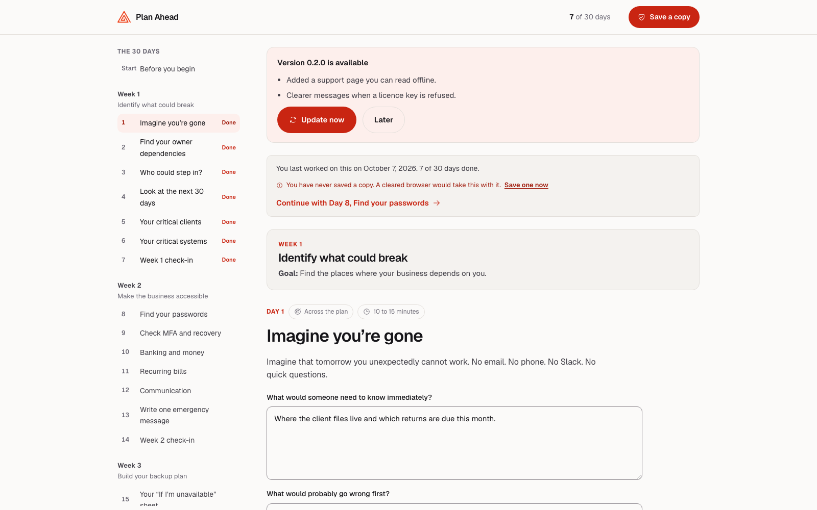 The workbook with a banner across the top reading &ldquo;Version 0.2.0 is available&rdquo;, two short notes beneath it, and Update now and Later buttons, above the reader&rsquo;s own Day 1 answers.