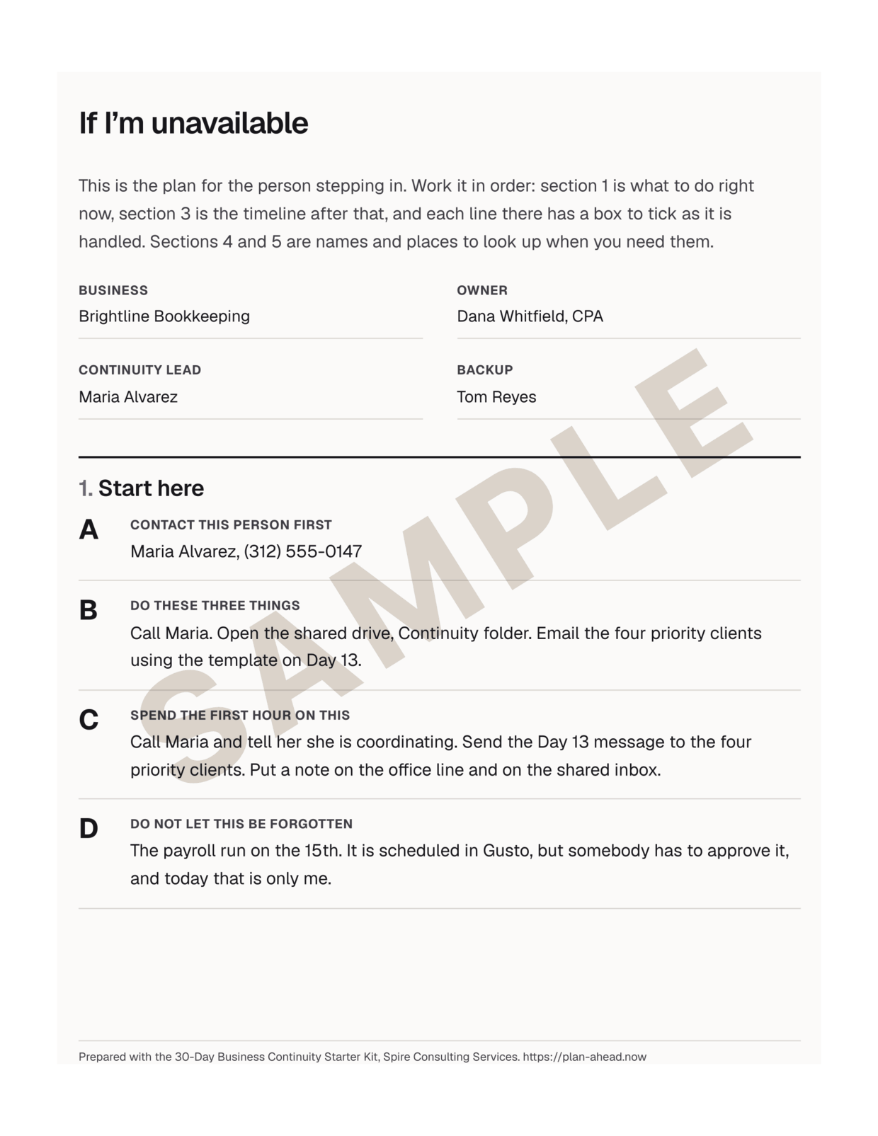 First page of an "If I&rsquo;m unavailable" plan, watermarked SAMPLE, with fictional business, owner and backup contacts, first actions and priorities.